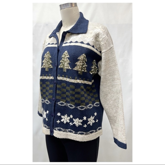 Navy Beige Button Down Embroidered Christmas Scene Sweater Knit Cardigan - Picture 6 of 16